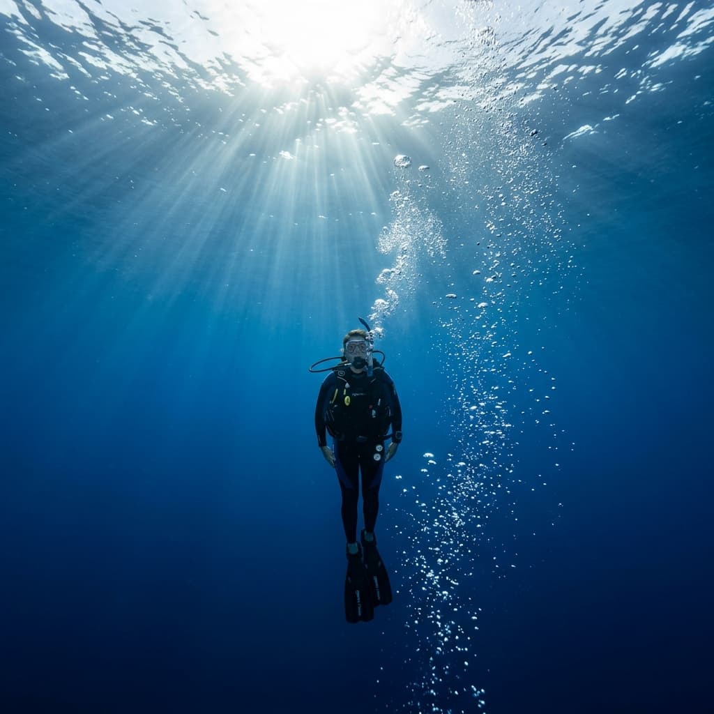 Diver descending into dark blue deep water