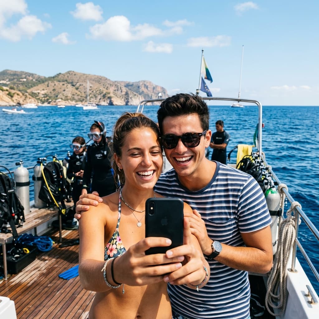 Man with sunglasses and woman smiling for a selfie on the boat